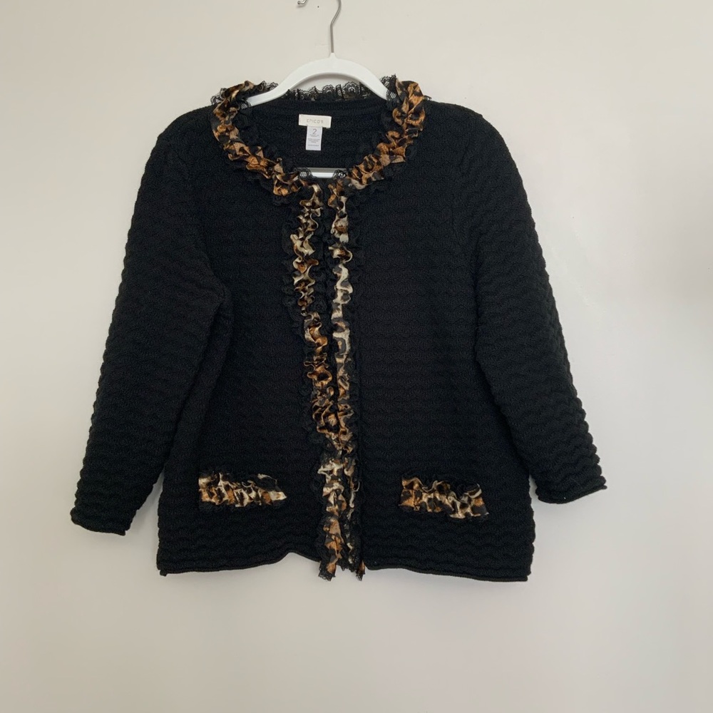 Chico’s textured knit jacket, animal print ruffles